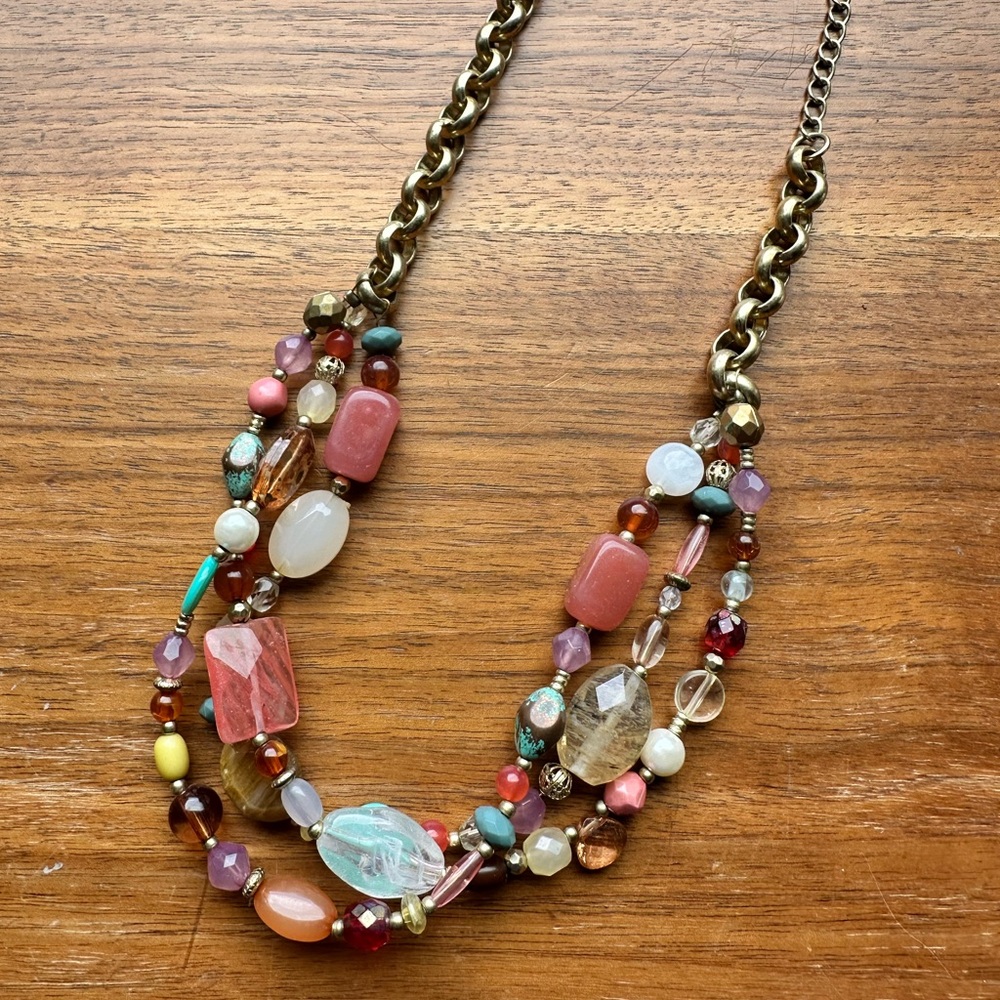 Lia Sophia Brushed gold 3 Strand multicolor Stone 18”- 20” Necklace